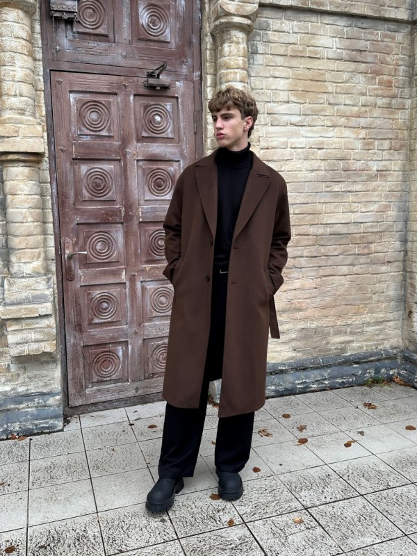 Чоловіче оверсайз пальто з поясом вовняне з кашеміром та утепленням premium wool