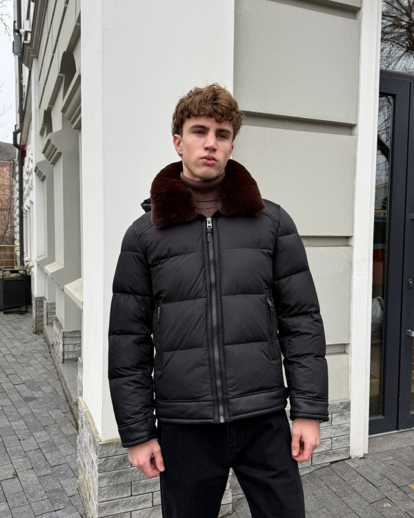 Чоловіча класична куртка з екохутряним коміром та вставками leather trim