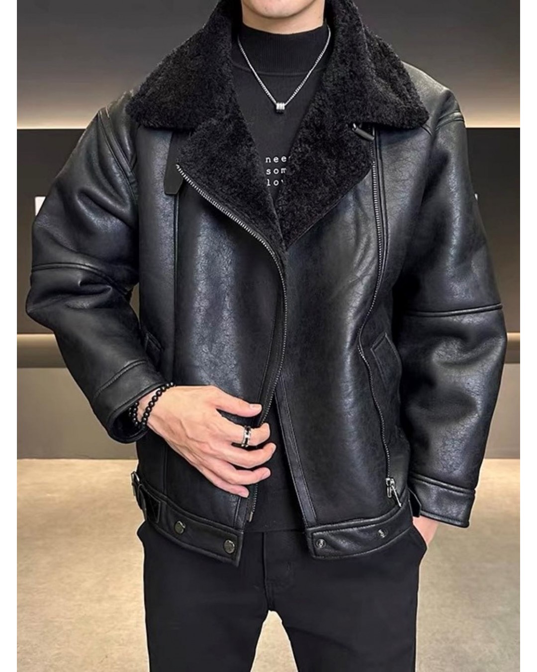 Чоловіча дублянка з еко-шкіри з теплим коміром eco leather jacket