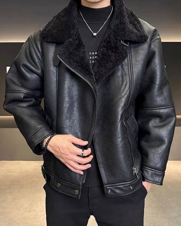 Чоловіча дублянка з еко-шкіри з теплим коміром eco leather jacket
