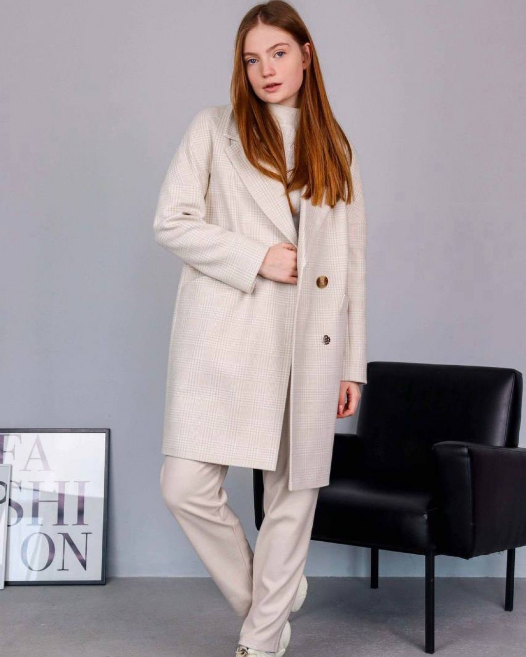 Жіноче пальто з вовни у клітинку cream plaid coat  -  Зображення 1