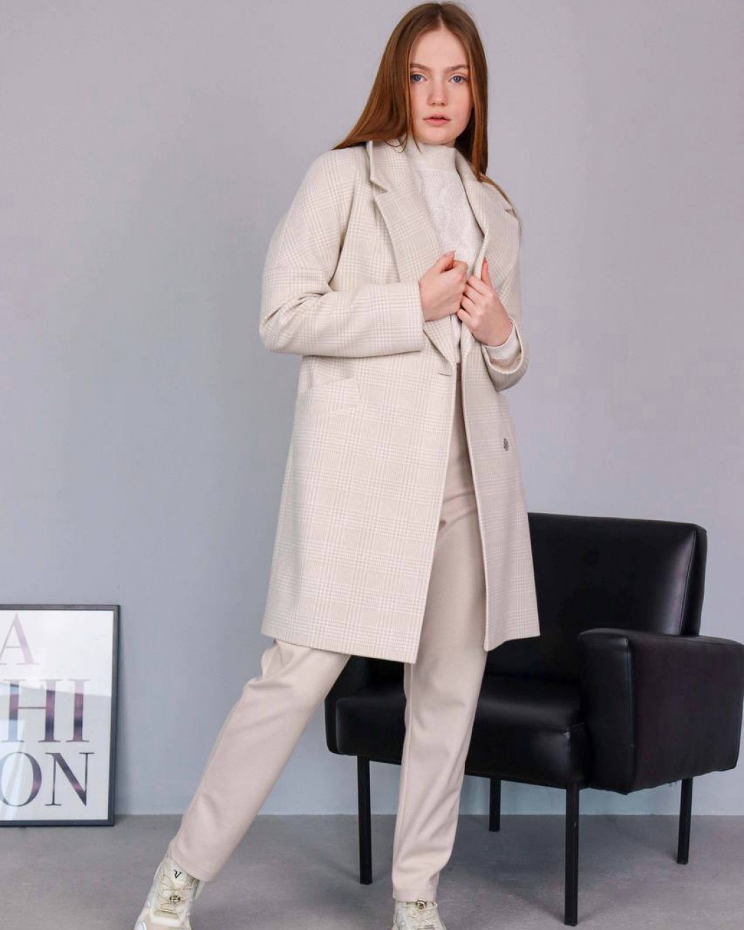 Жіноче пальто з вовни у клітинку cream plaid coat  -  Зображення 2