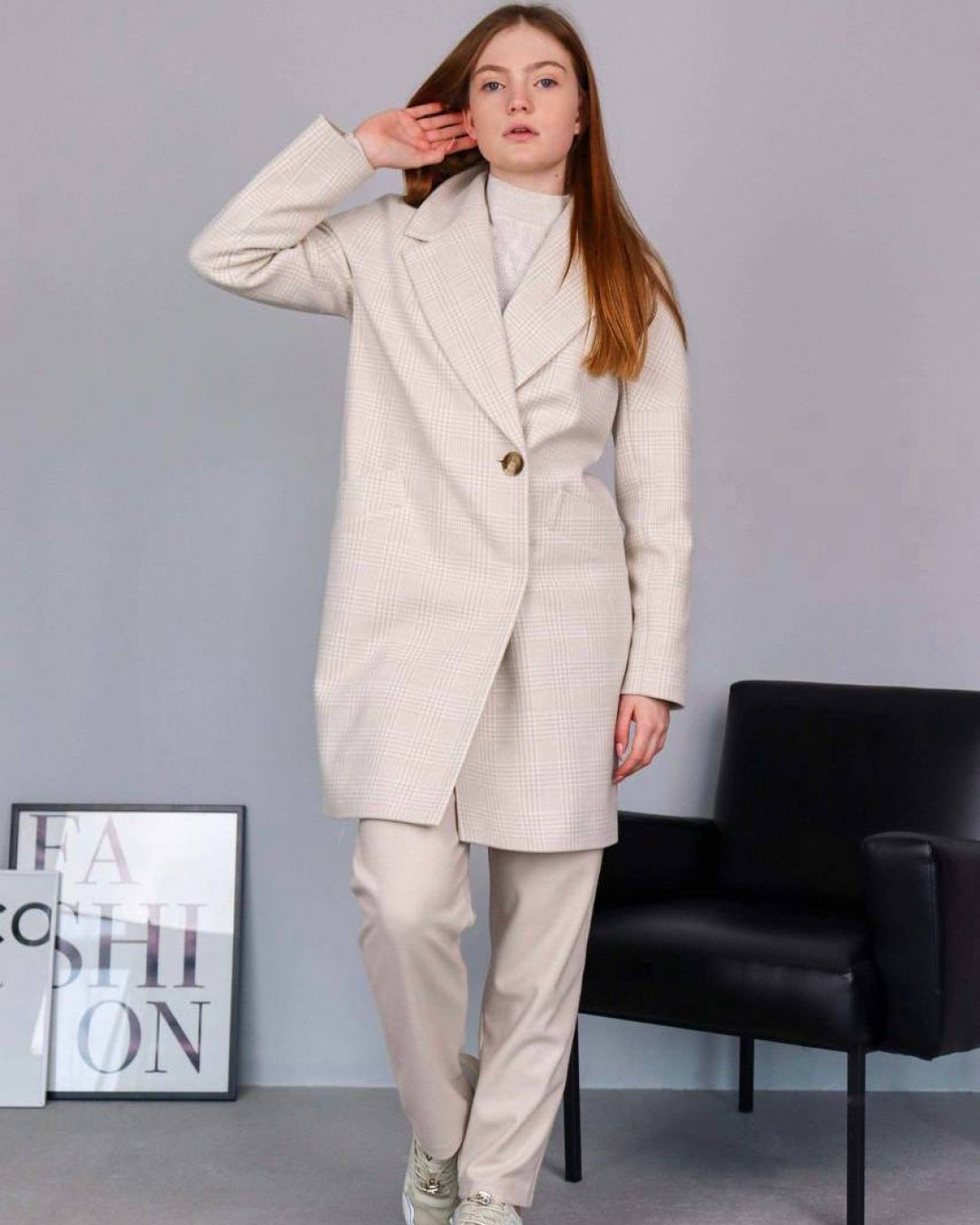 Жіноче пальто з вовни у клітинку cream plaid coat  -  Зображення 3